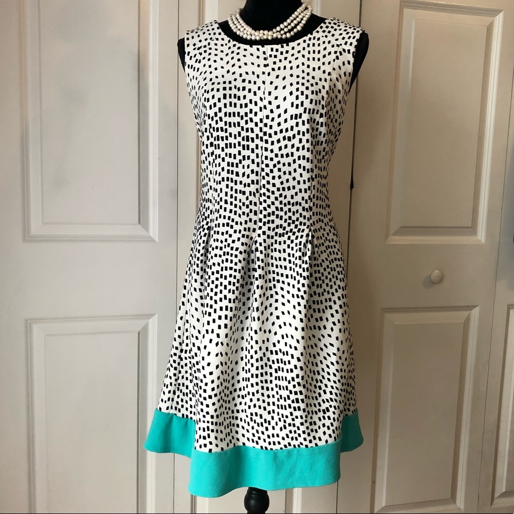 R&K Fit n Flare Dress Black/White W/Aqua Trim 16P